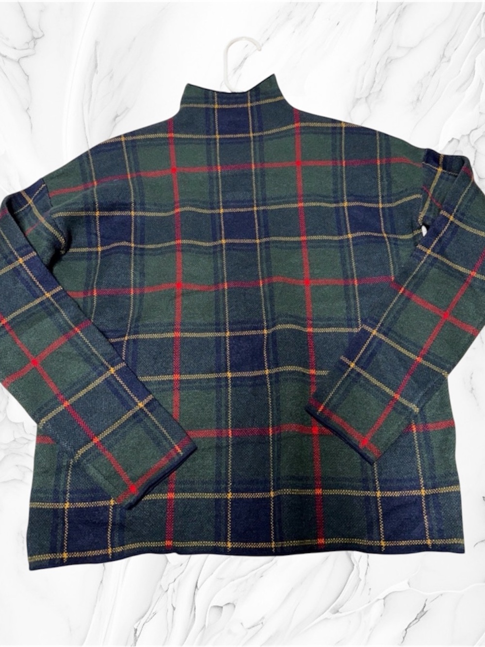 Tahari Green tartan Plaid Mock Neck Sweater with Navy & Yellow Accents
